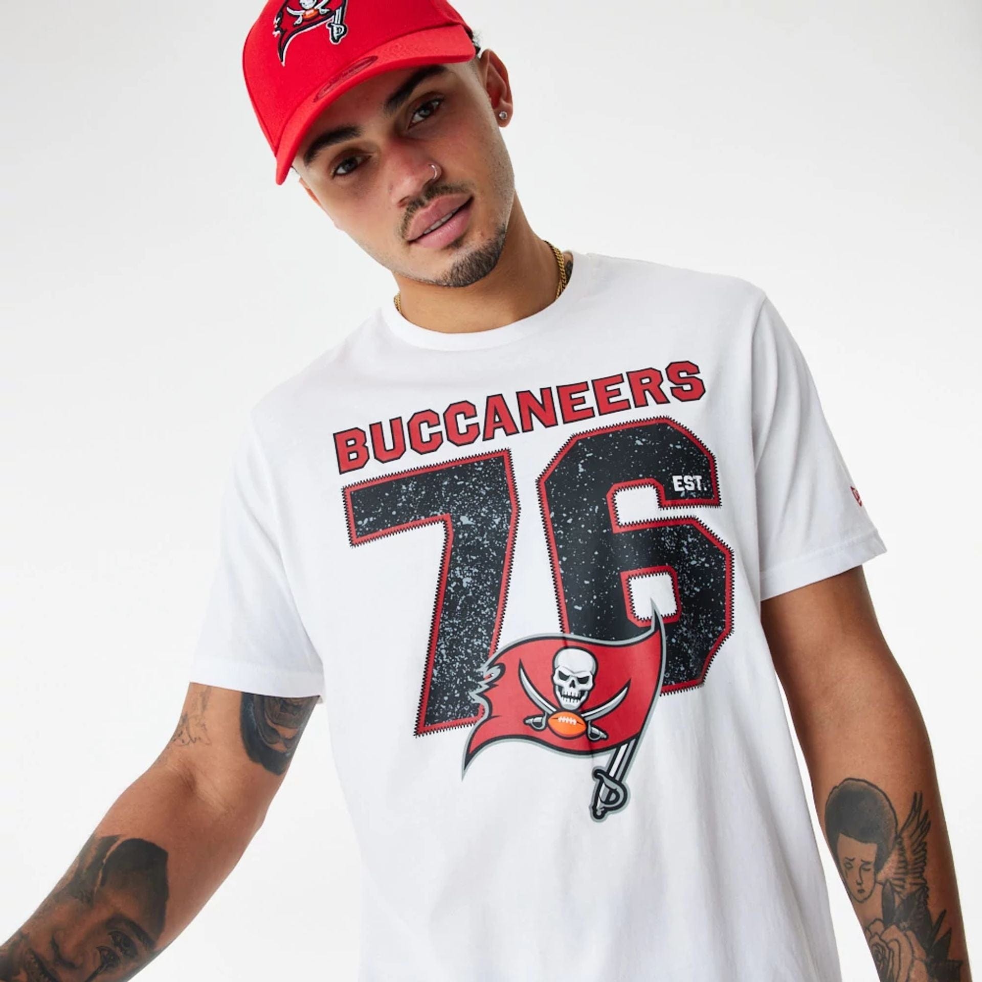 The Male model is wearing Tampa Bay Buccaneers NFL Wordmark White T-Shirt 3