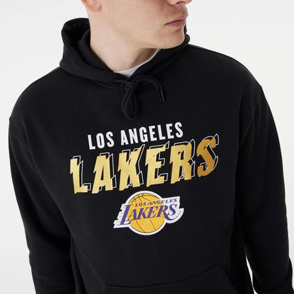 The Male model is wearing LA Lakers Team Script Black Oversized Hoodie 1