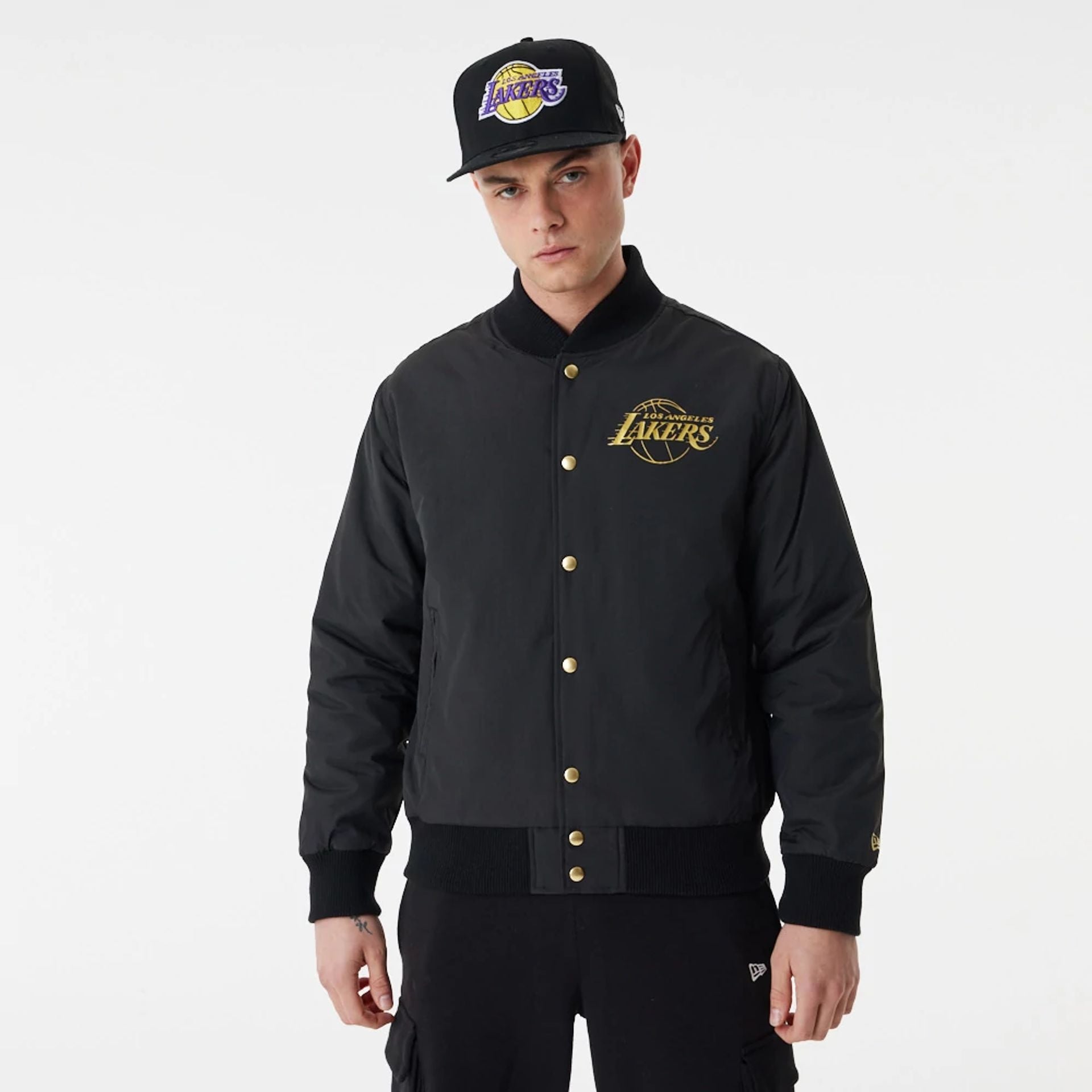 The Male model is wearing LA Lakers Gold Team Script Black Bomber Jacket 7