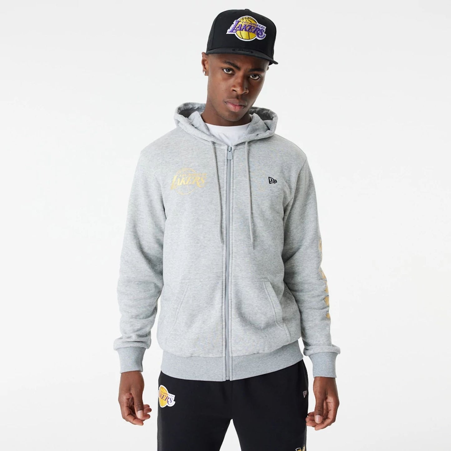 The Male model is wearing LA Lakers Team Script Grey Full Zip Hoodie 5