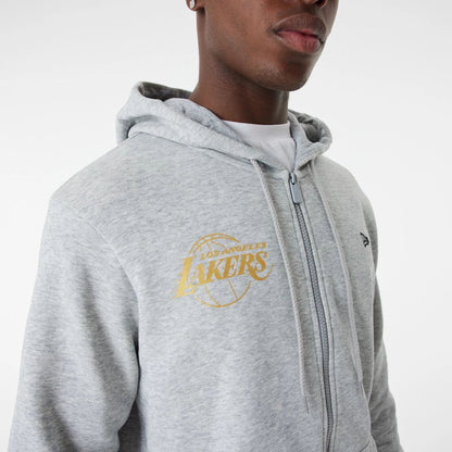 The Male model is wearing LA Lakers Team Script Grey Full Zip Hoodie 7