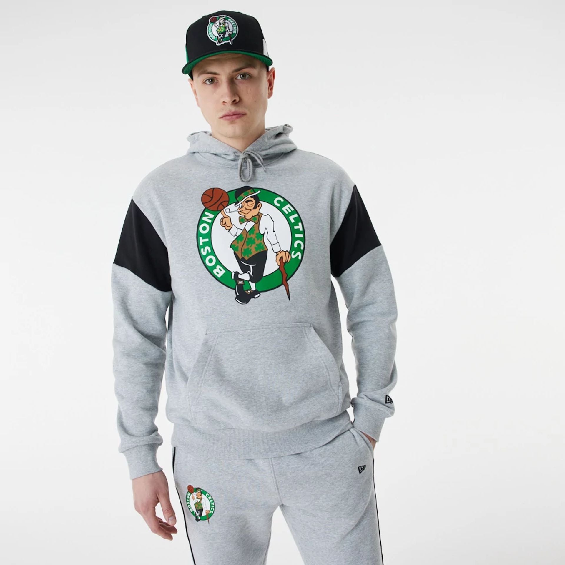 The Male model is wearing Boston Celtics NBA Colour Block Grey Oversized Hoodie 1