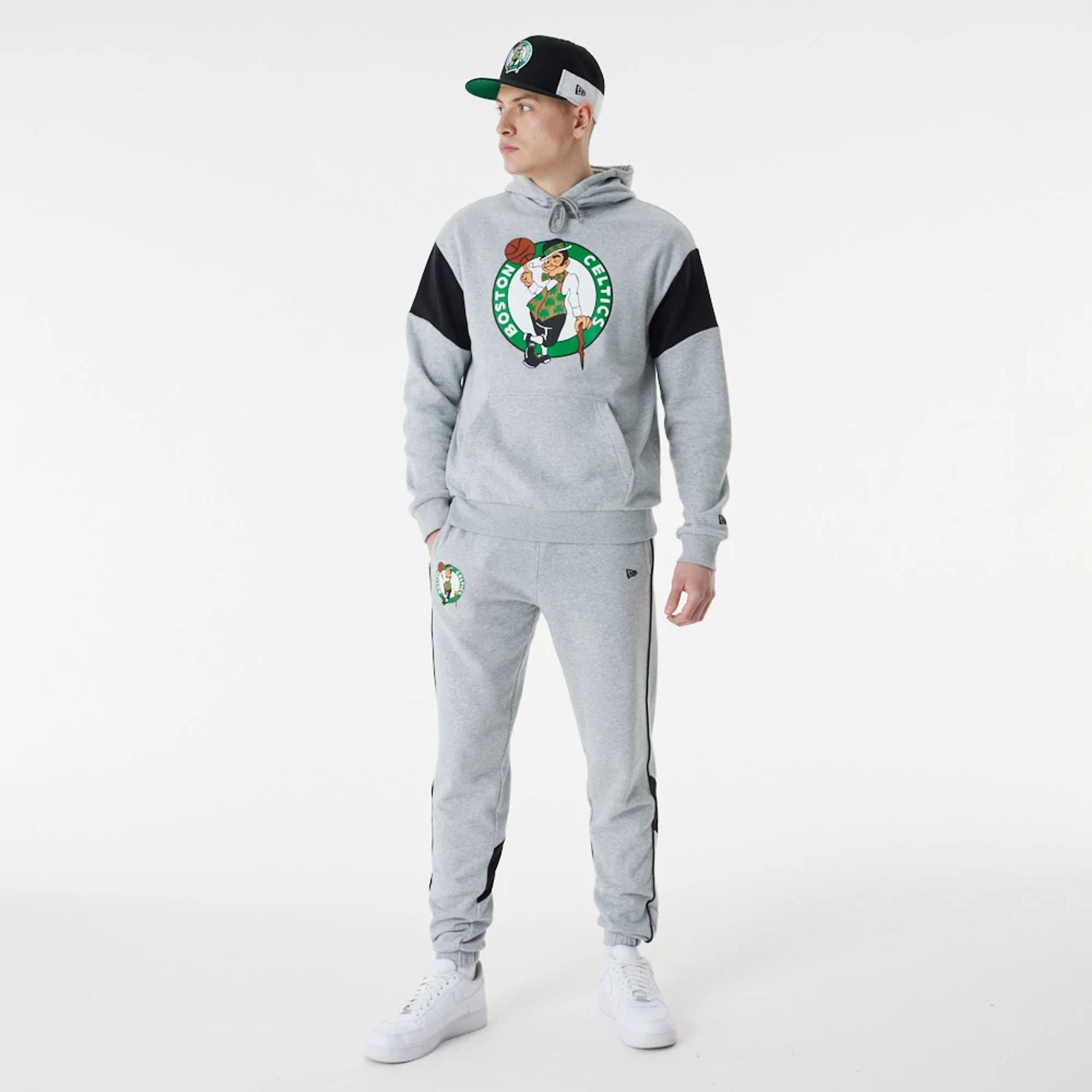 The Male model is wearing Boston Celtics NBA Colour Block Grey Oversized Hoodie 3