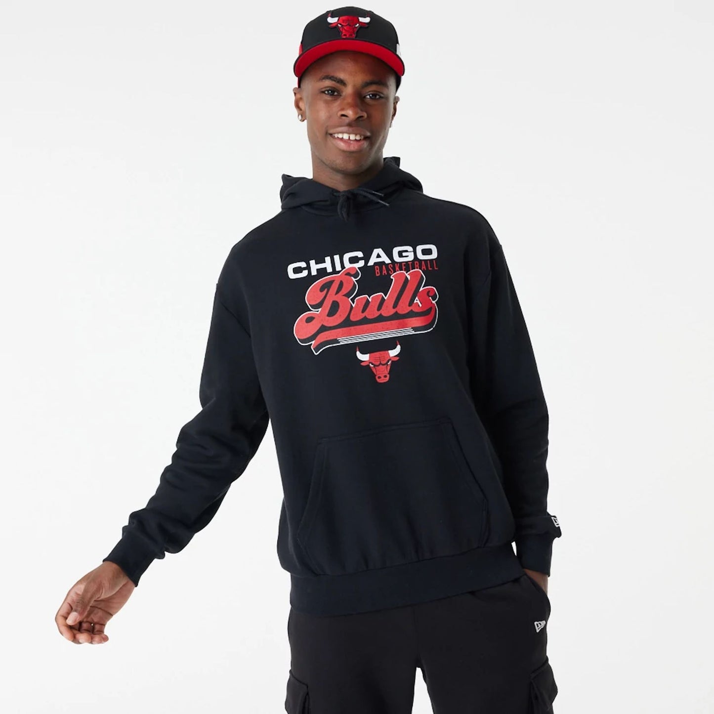 The Male model is wearing Chicago Bulls NBA Retro Graphic Black Oversized Hoodie 8