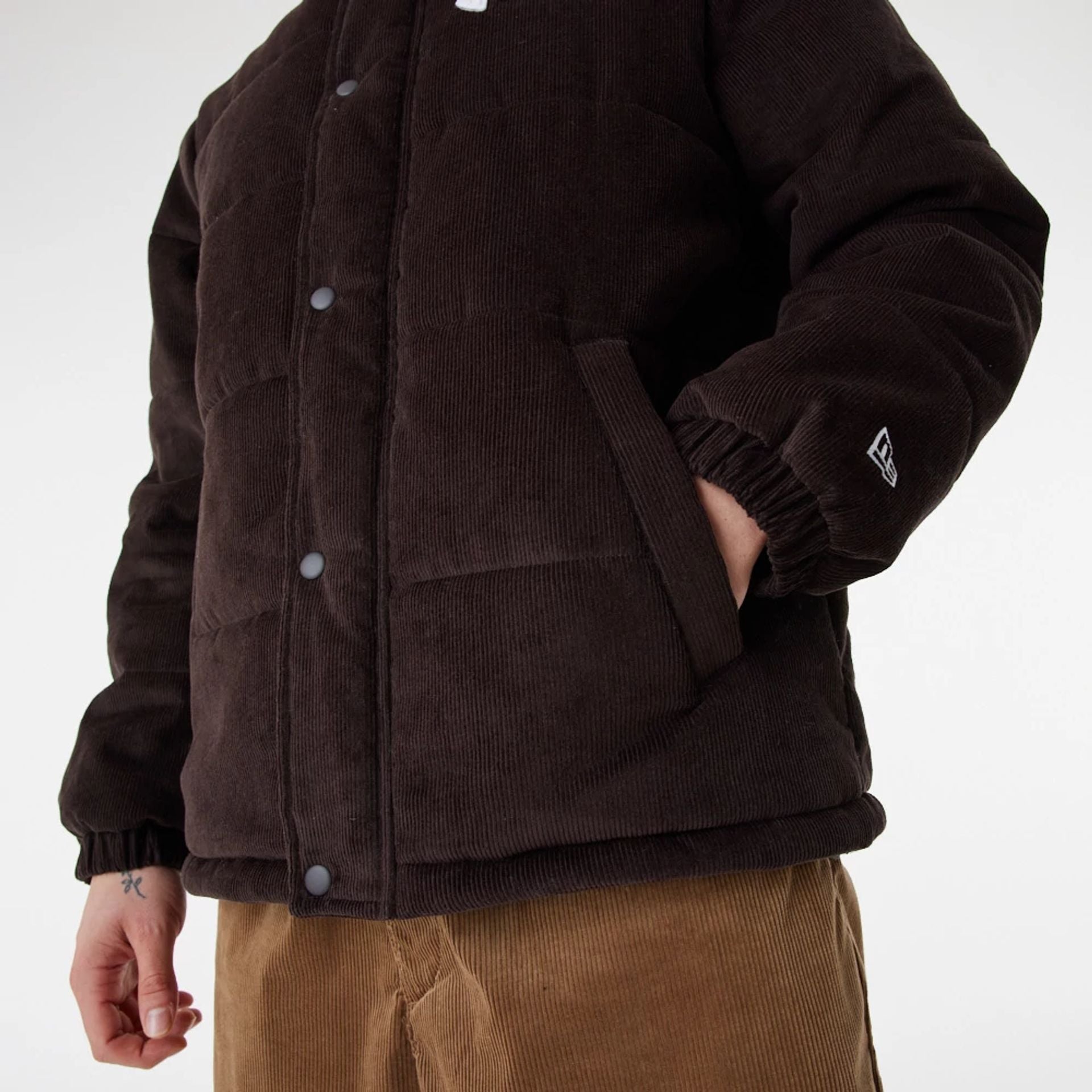 The Male model is wearing New York Yankees MLB Brown Puffer Jacket 10