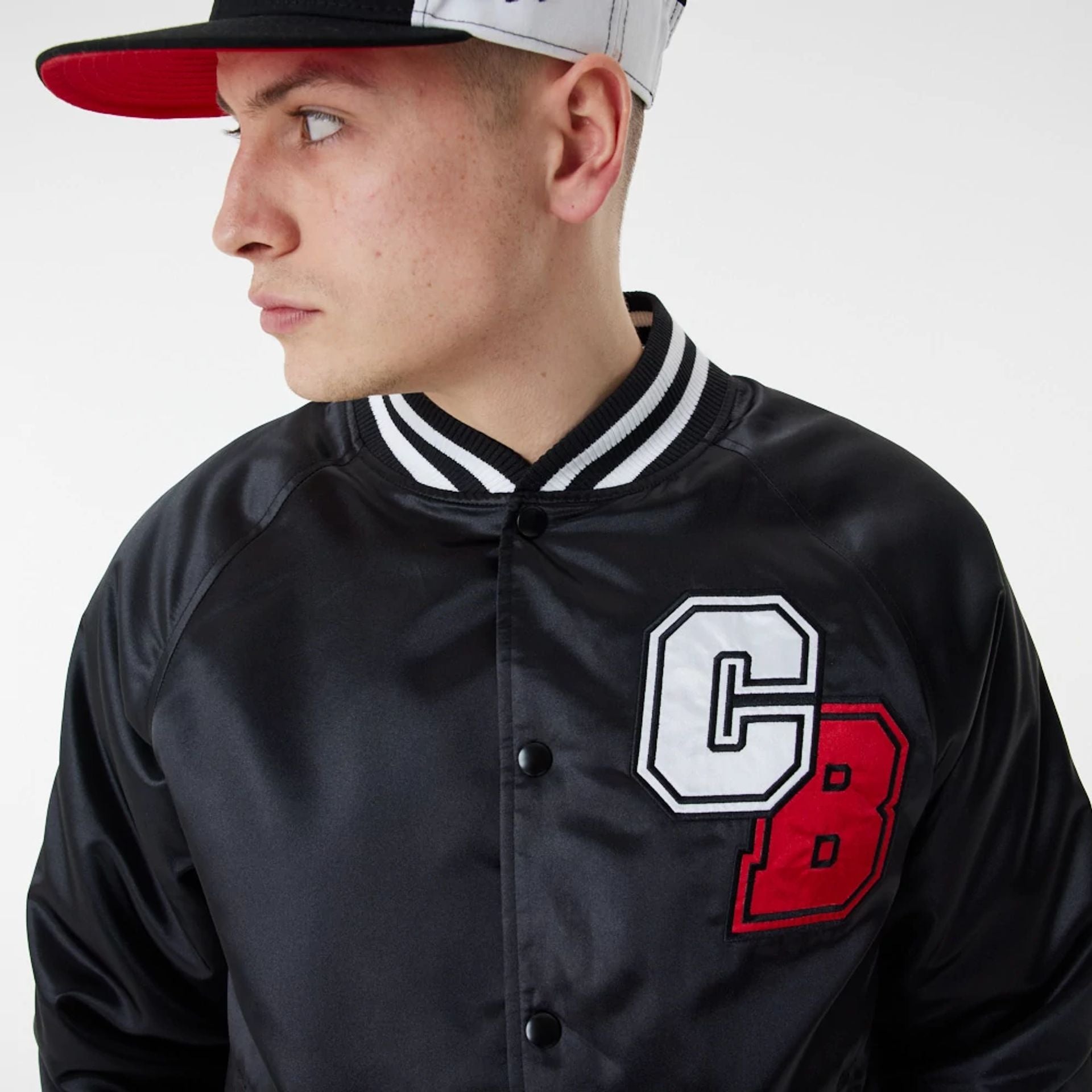 The Male model is wearing Chicago Bulls NBA Black Satin Bomber Jacket 5