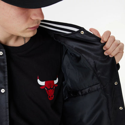 The Male model is wearing Chicago Bulls NBA Black Satin Bomber Jacket 3