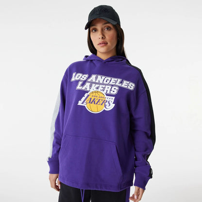 The Male model is wearing LA Lakers NBA Large Graphic Purple Oversized Hoodie 9