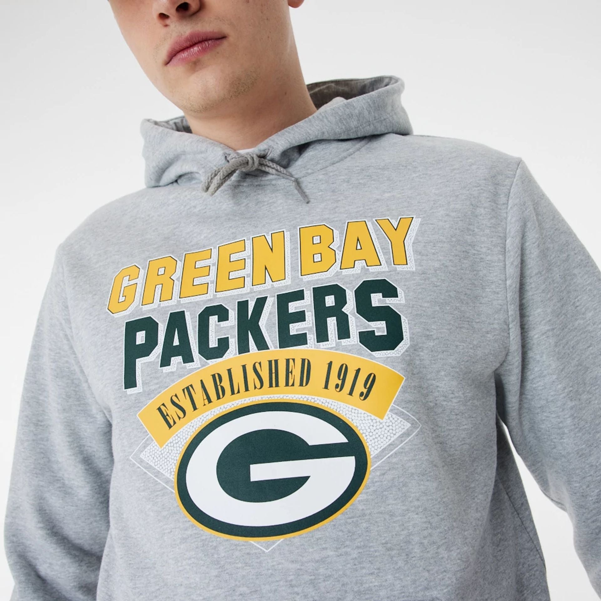 The Male model is wearing Green Bay Packers NFL Team Graphic Grey Pullover Hoodie 2