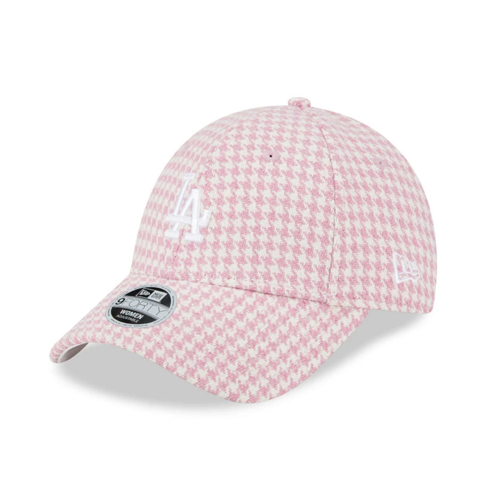 This is a LA Dodgers Womens Houndstooth Pink 9FORTY Adjustable Cap 1