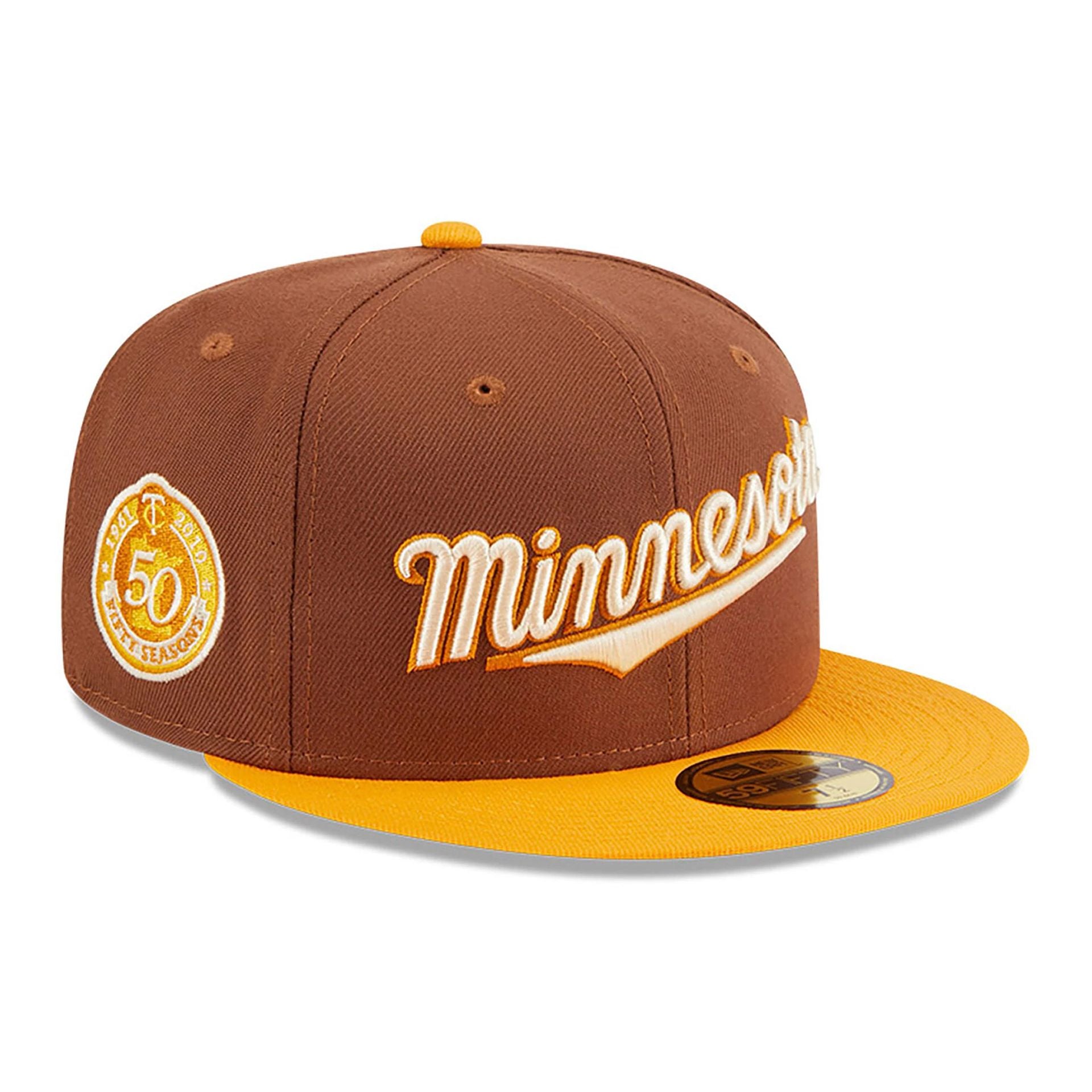 This is a Minnesota Twins Tiramisu Brown 59FIFTY Fitted Cap 1