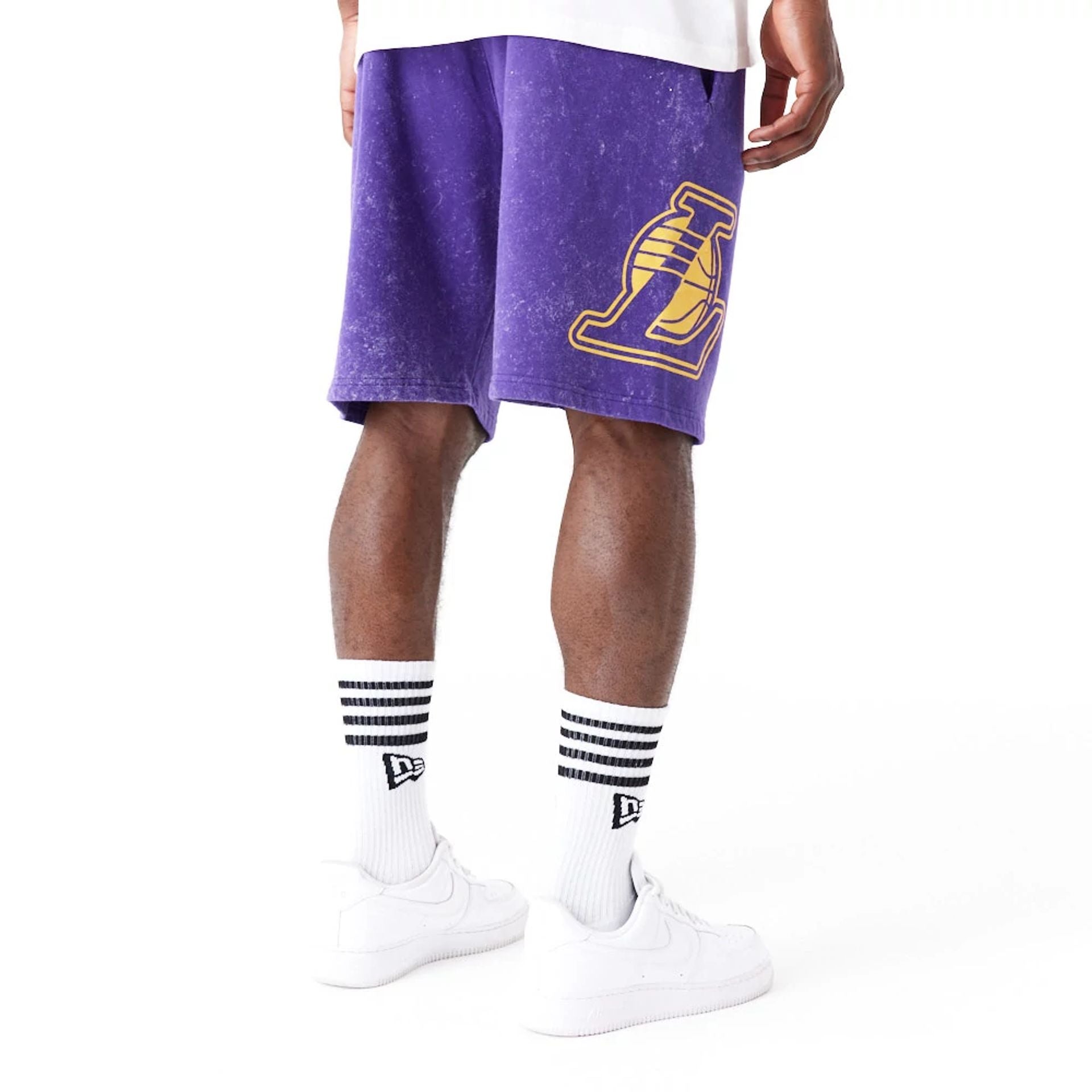 The Male model is wearing LA Lakers NBA Washed Purple Shorts 4