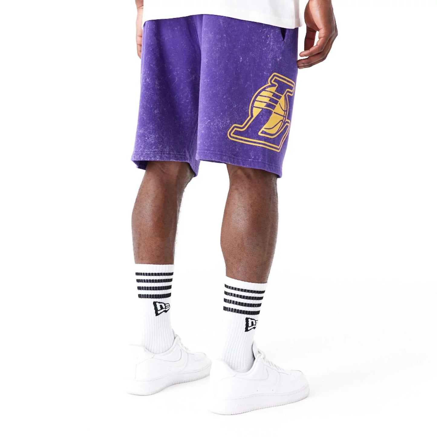 The Male model is wearing LA Lakers NBA Washed Purple Shorts 4