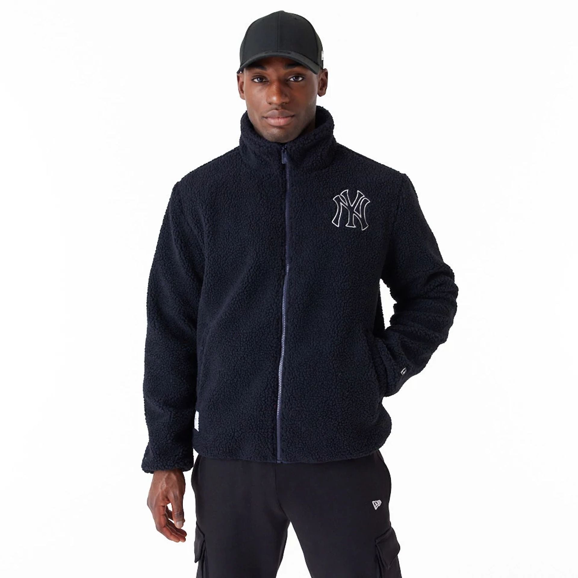 The Male model is wearing New York Yankees MLB Navy Sherpa Jacket 2