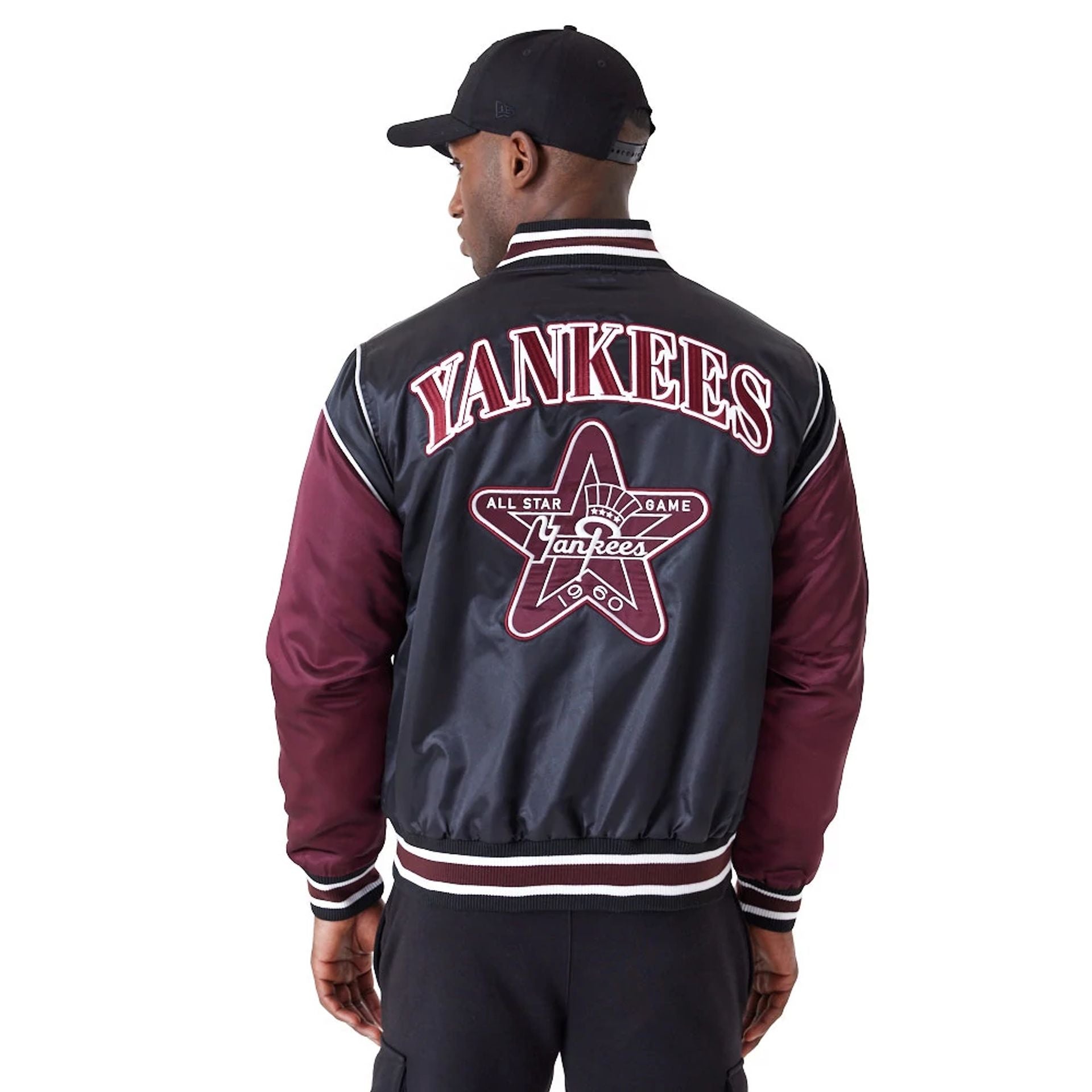 The Male model is wearing New York Yankees MLB Black Satin Jacket 7