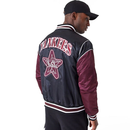 The Male model is wearing New York Yankees MLB Black Satin Jacket 3