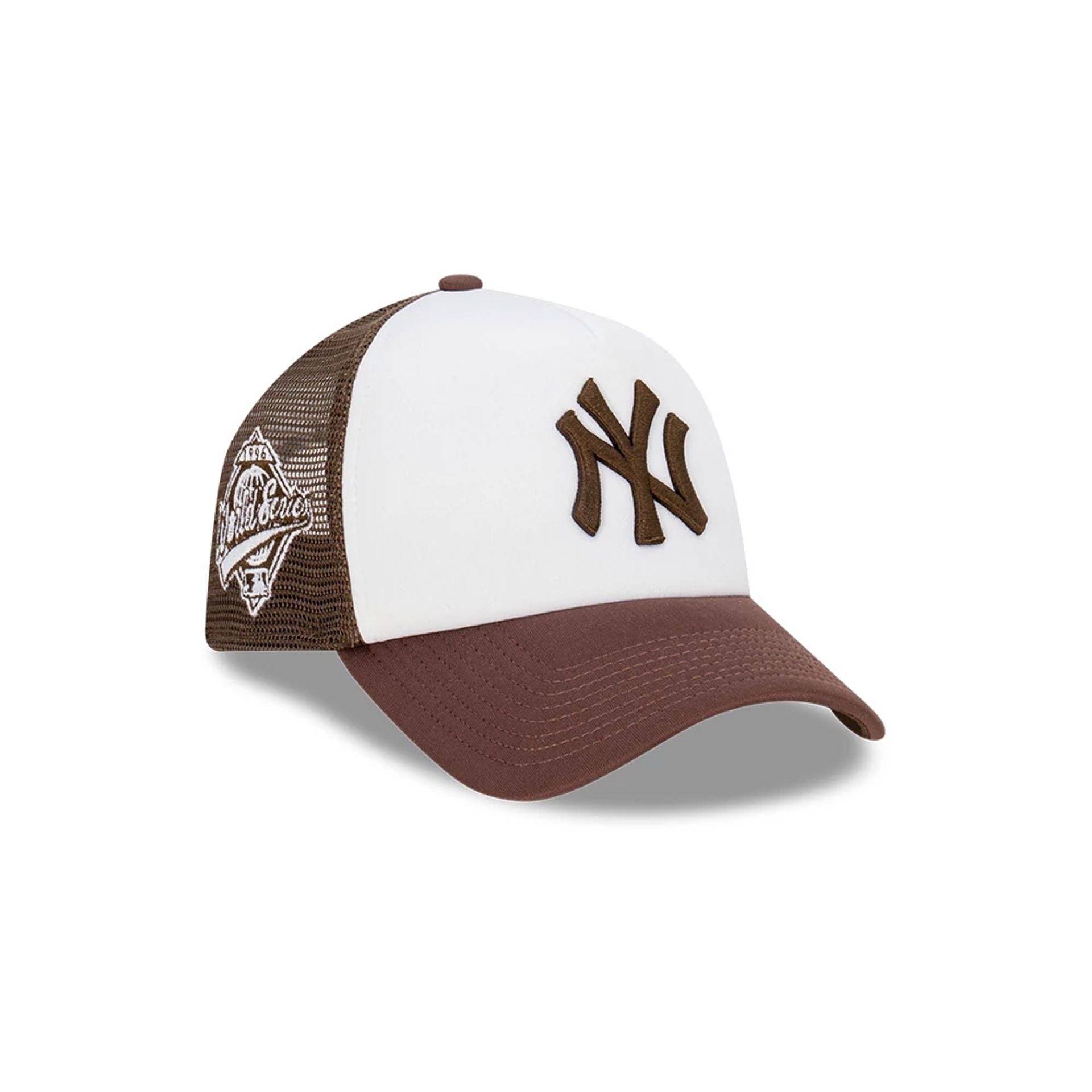 This is a New York Yankees Earthtones World Series Dark Brown 9FORTY A-Frame Trucker Cap 1