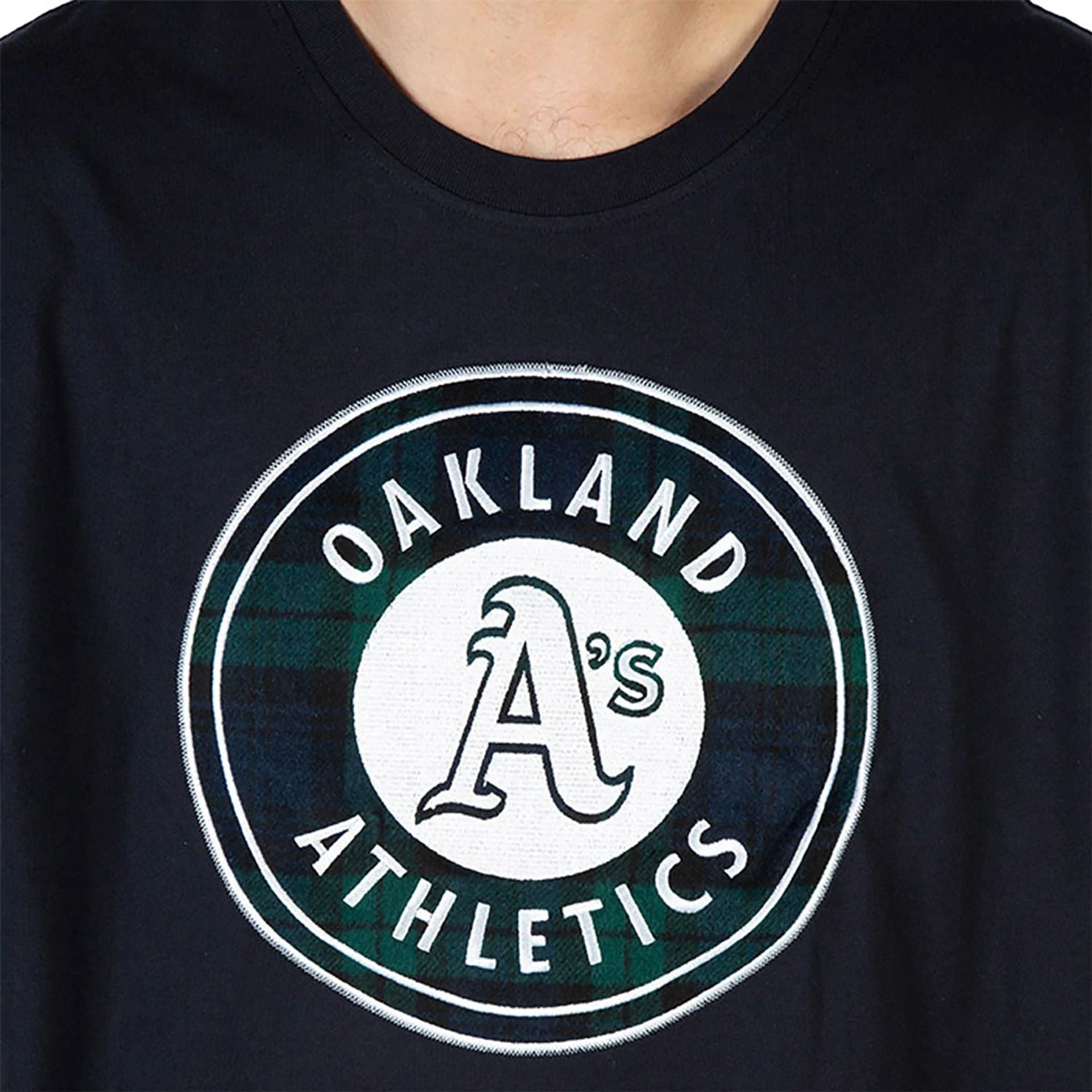 The Male model is wearing Oakland Athletics Black Watch Tartan Navy T-Shirt 2