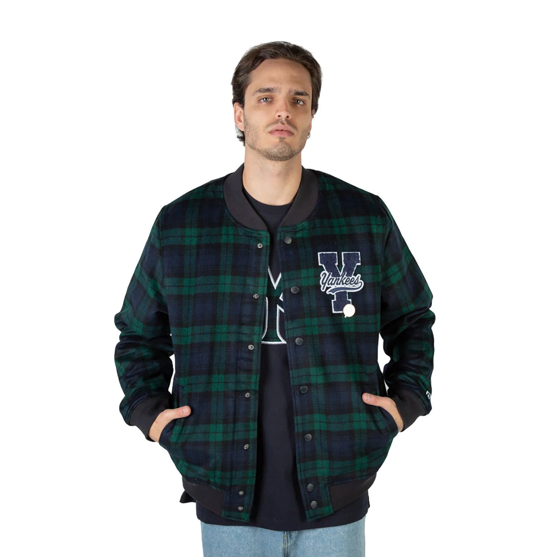 The Male model is wearing New York Yankees Black Watch Tartan Navy Jacket 1