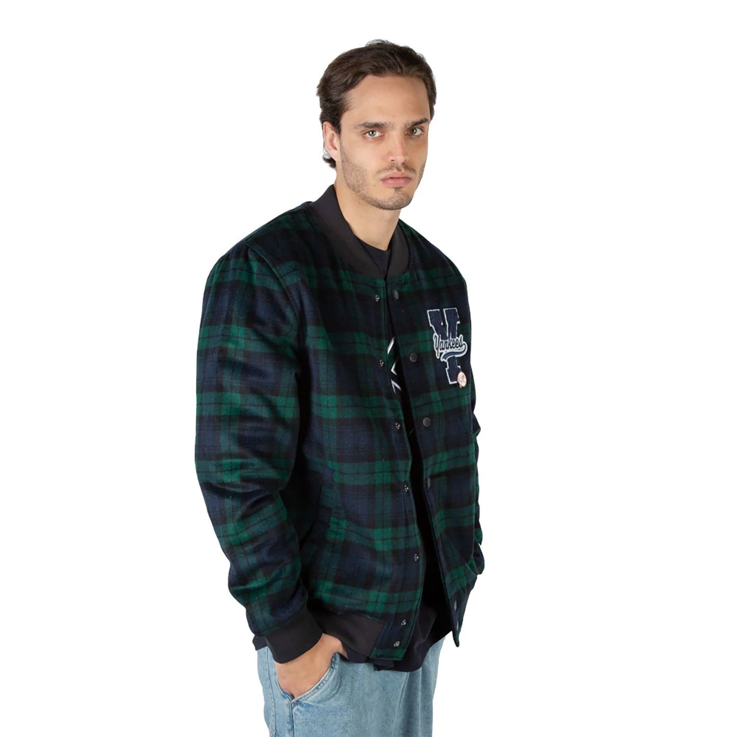 The Male model is wearing New York Yankees Black Watch Tartan Navy Jacket 4