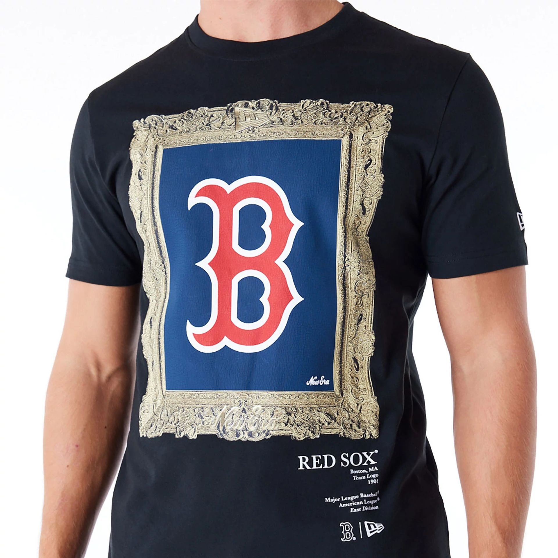 The Male model is wearing Boston Red Sox Curated Customs Black T-Shirt 1