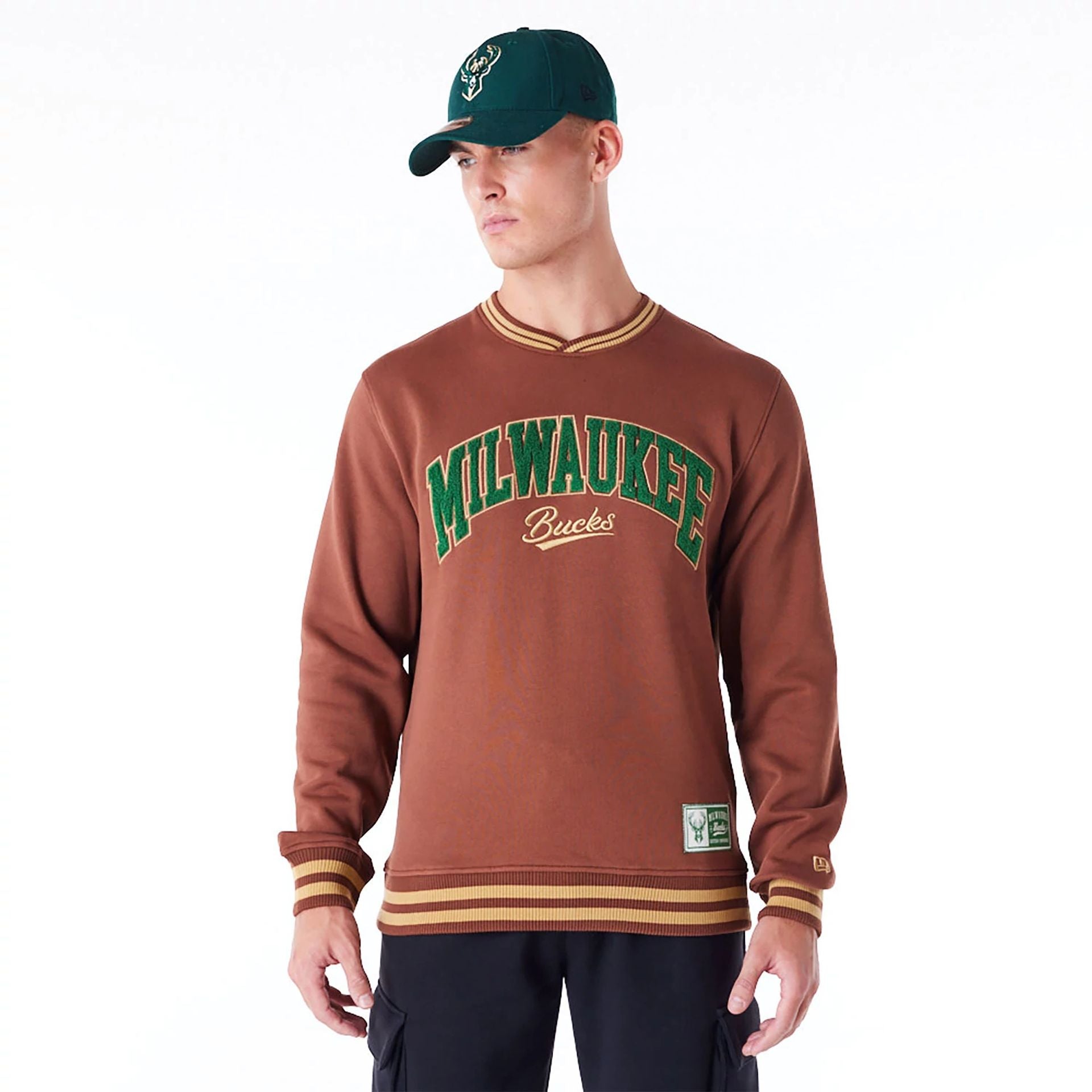 The Male model is wearing Milwaukee Bucks Letterman Classic Dark Brown Crew Neck Sweatshirt 1