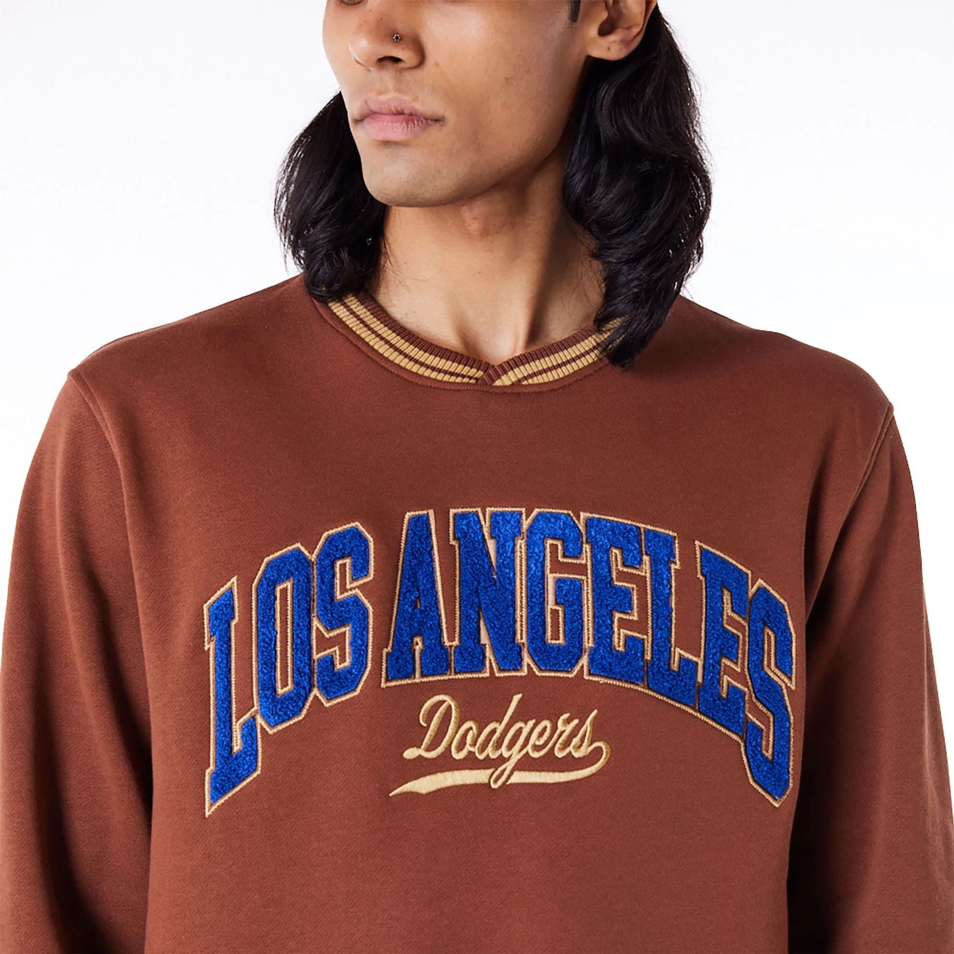 The Male model is wearing LA Dodgers Letterman Classic Dark Brown Crew Neck Sweatshirt 5