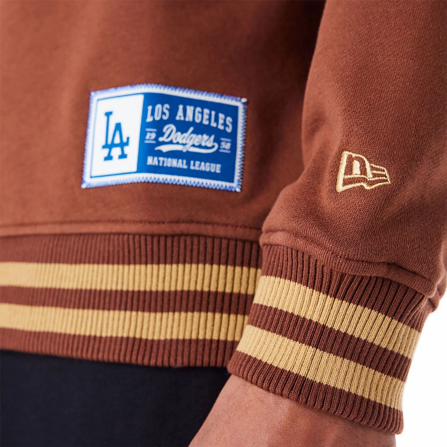 The Male model is wearing LA Dodgers Letterman Classic Dark Brown Crew Neck Sweatshirt 6