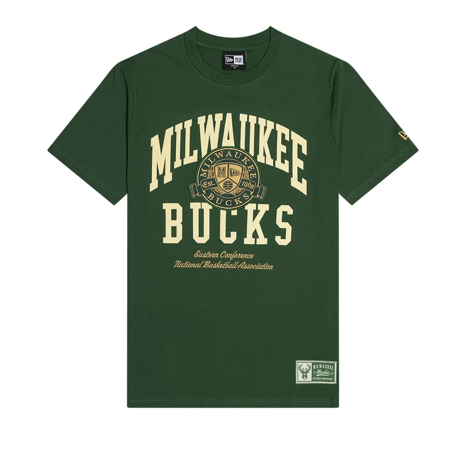 The Male model is wearing Milwaukee Bucks Letterman Classic Dark Green T-Shirt 1