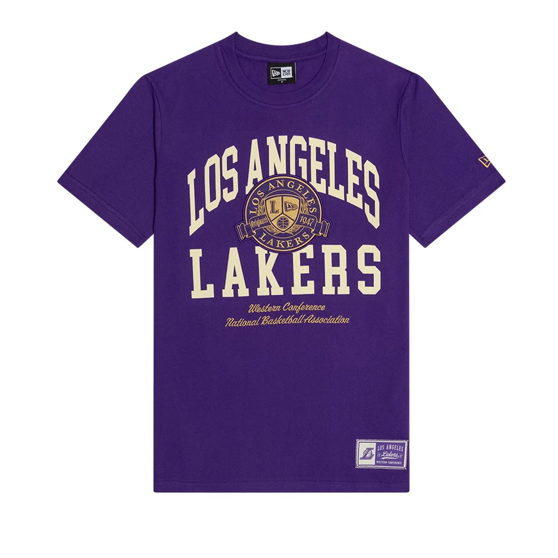 The Male model is wearing LA Lakers Letterman Classic Purple T-Shirt 1