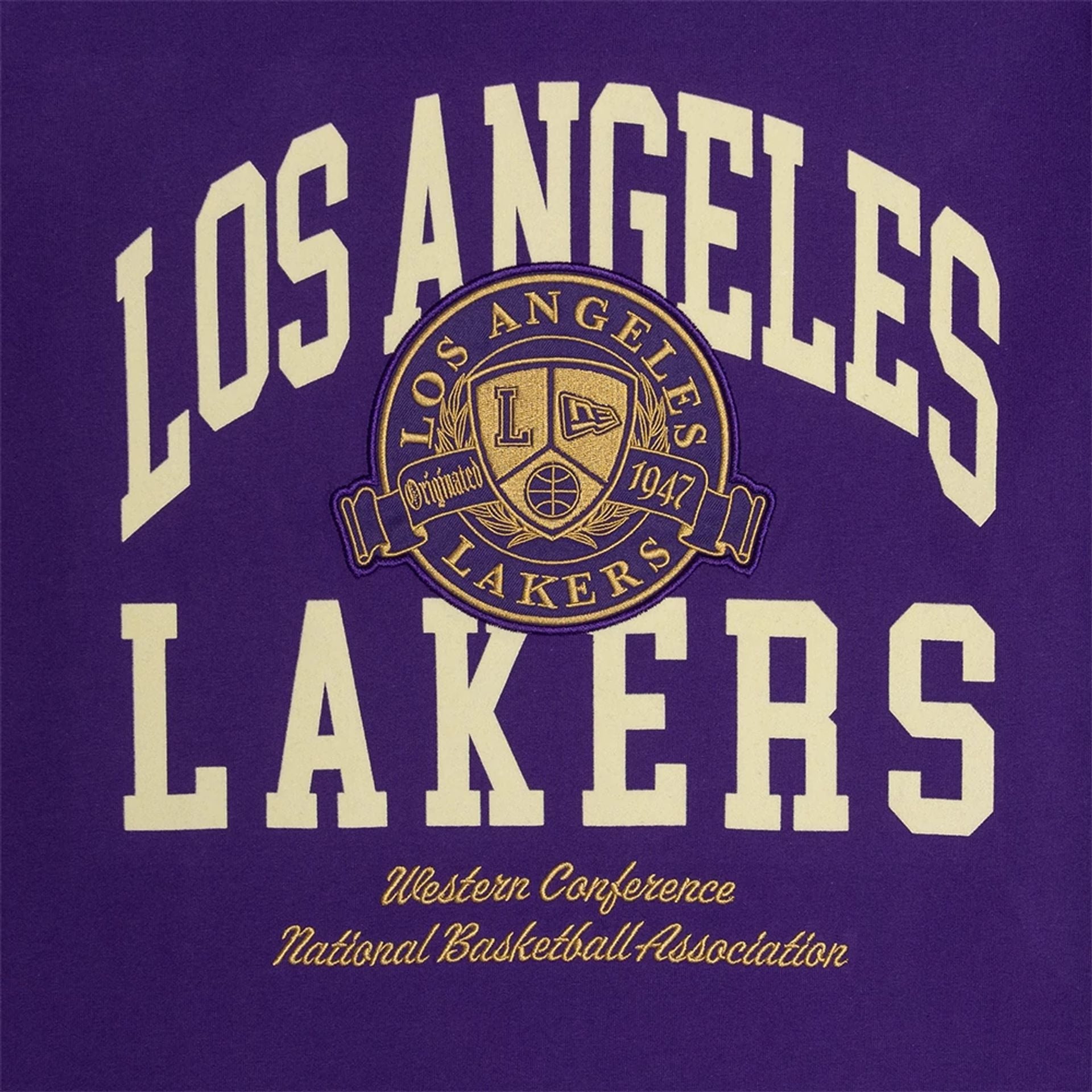 The Male model is wearing LA Lakers Letterman Classic Purple T-Shirt 2