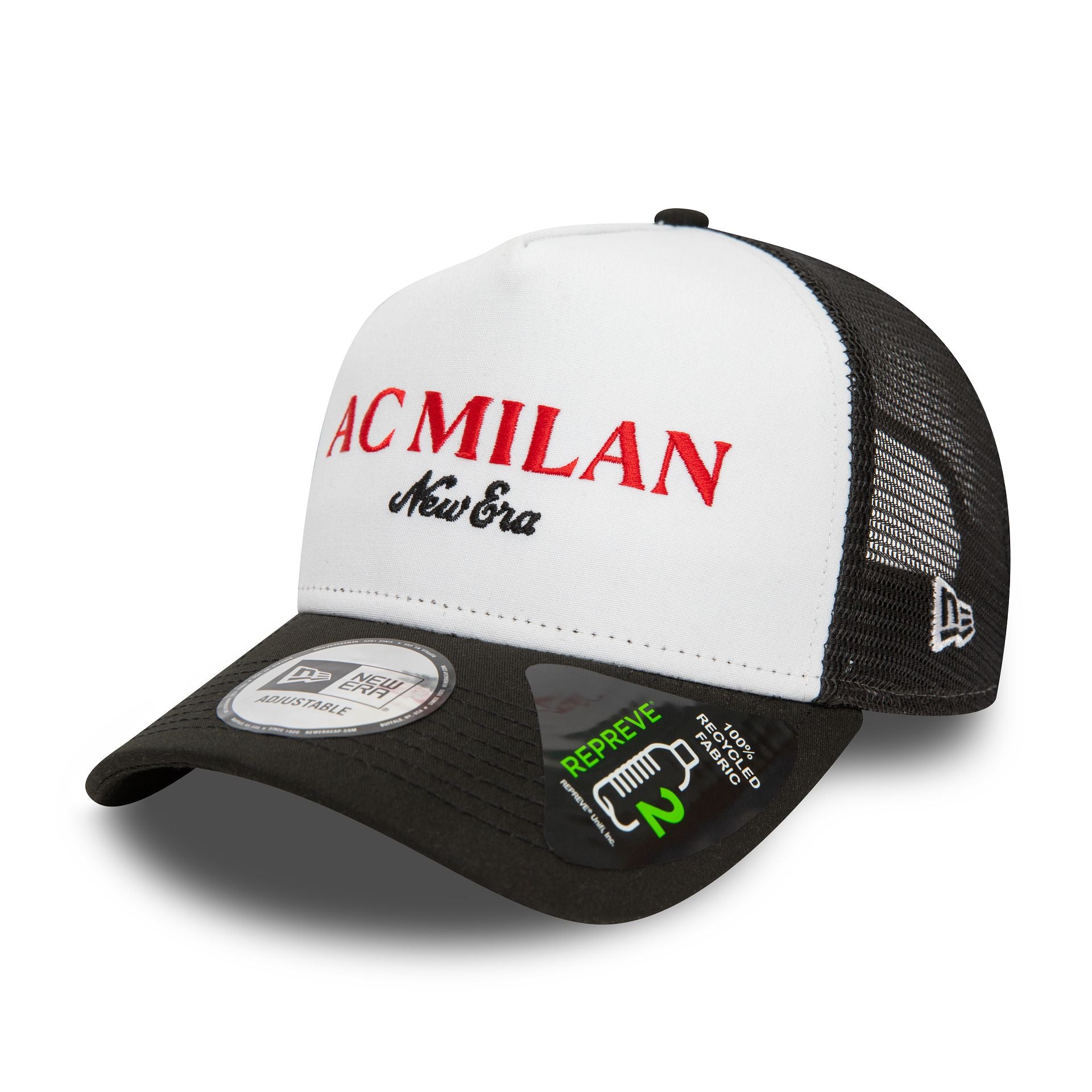 This is a AC Milan Wordmark Black Repreve E-Frame Trucker Cap 1