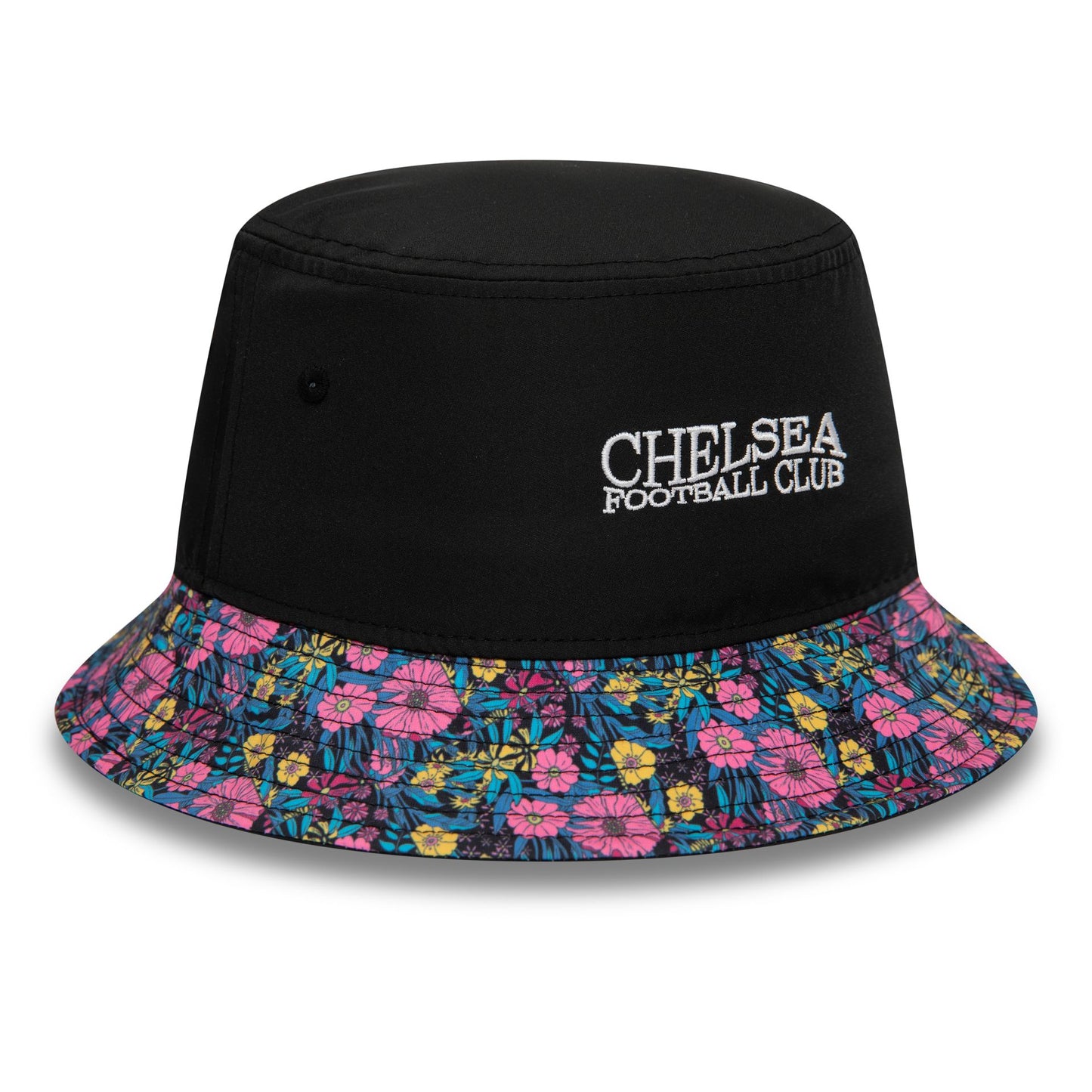 This is a Chelsea FC Wordmark Floral All Over Print Black Bucket Hat 3