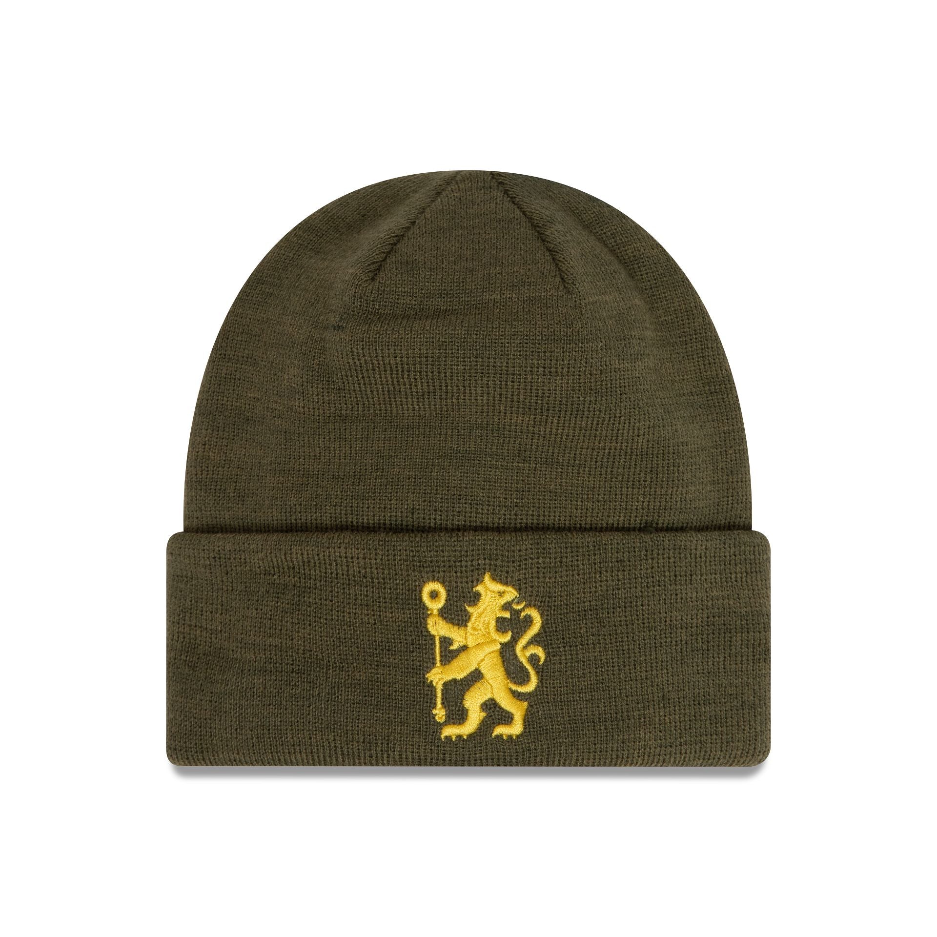 This is a Chelsea FC Lion Crest Seasonal Pop Green Cuff Knit Beanie Hat 1