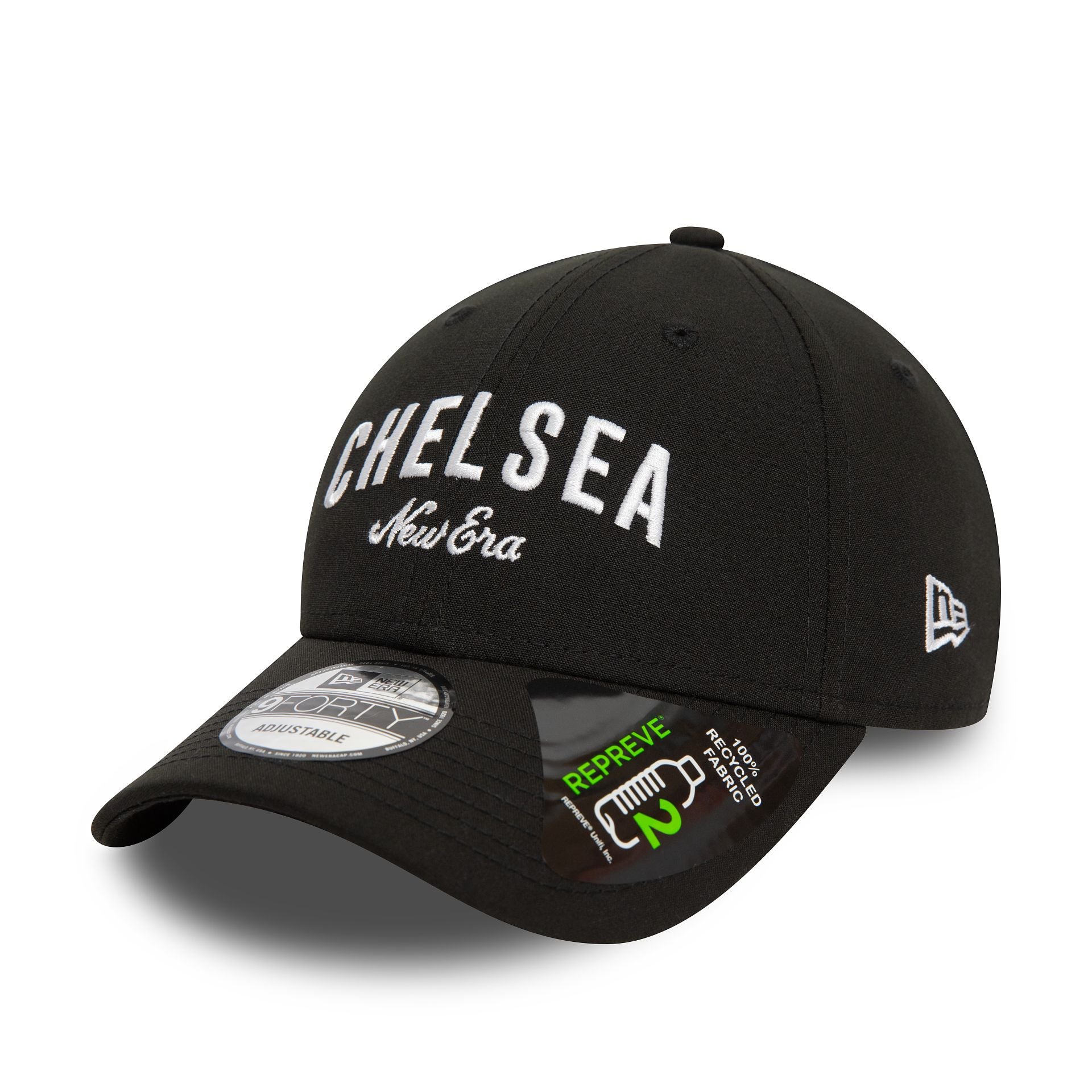 This is a Chelsea FC Wordmark Repreve Black 9FORTY Adjustable Cap 1