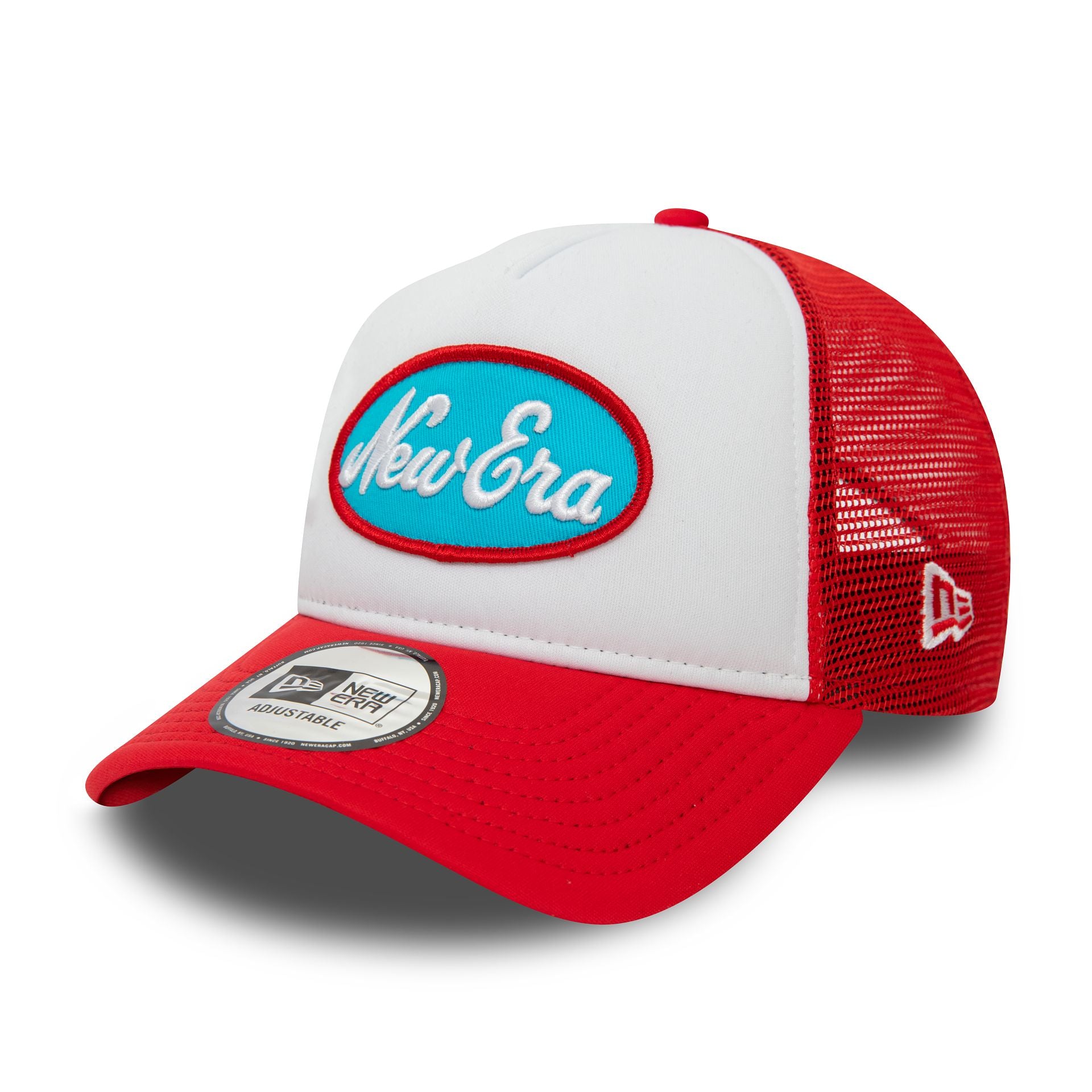 This is a New Era Youth Red Oval Trucker Cap 1