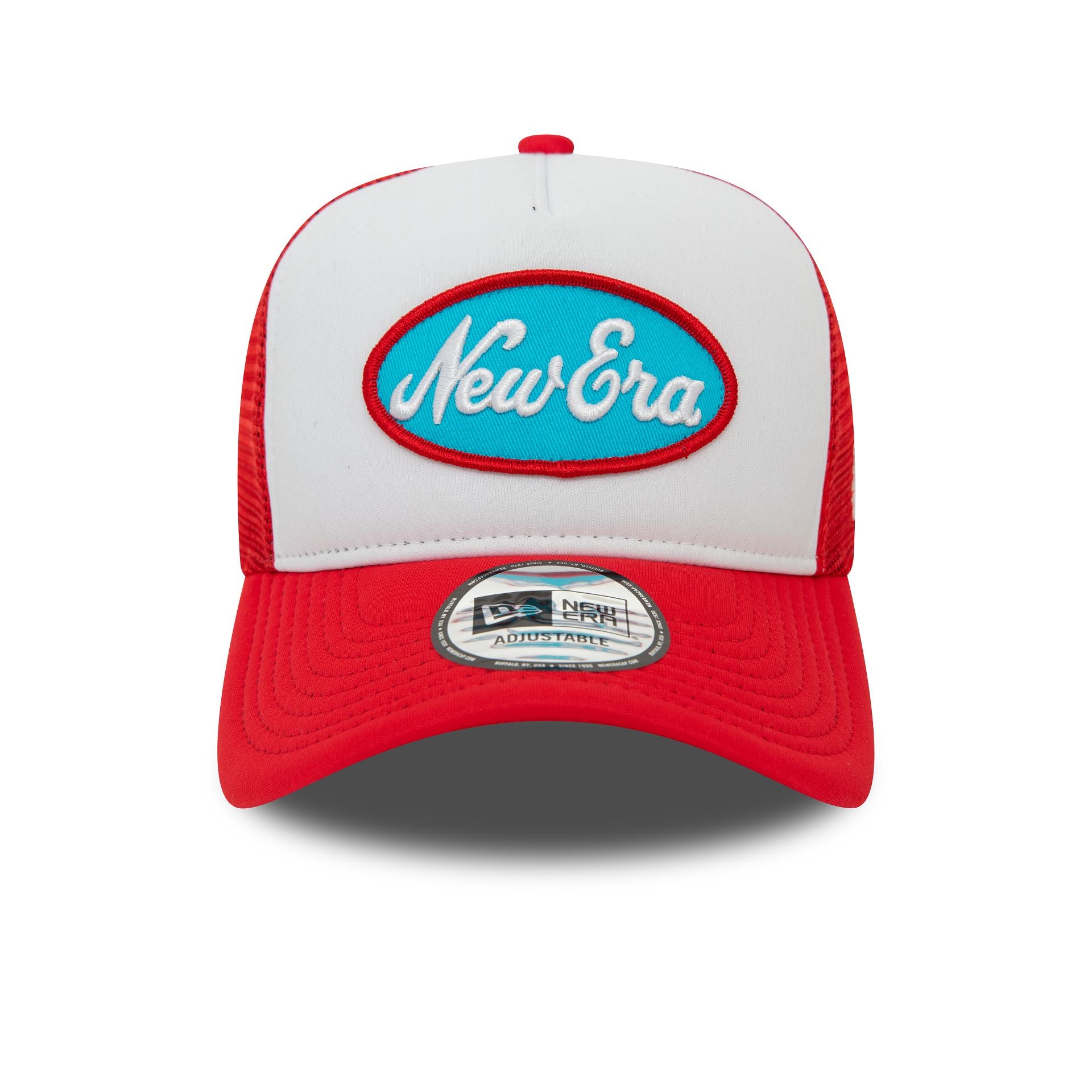 This is a New Era Youth Red Oval Trucker Cap 2