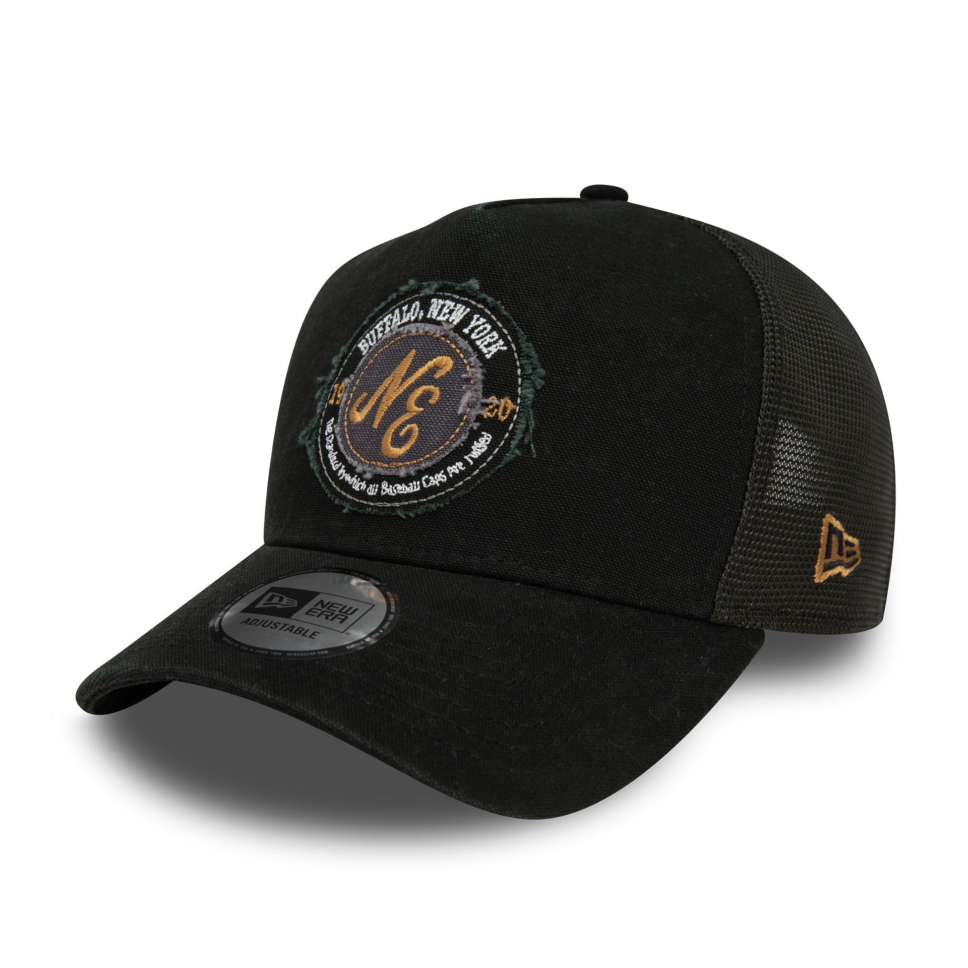 This is a New Era Washed Black Trucker Cap 1