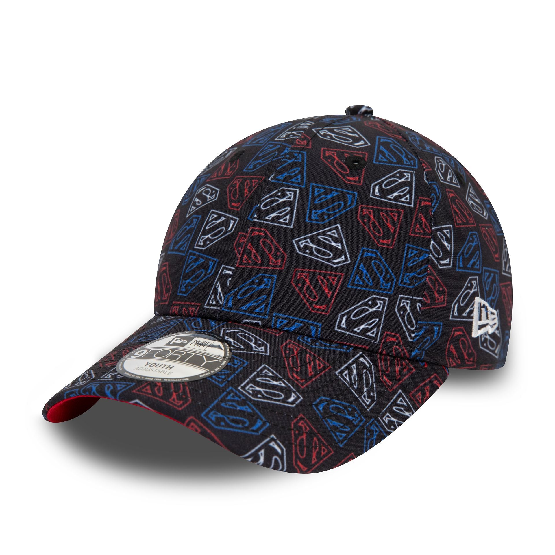 This is a Superman Youth All Over Print Black 9FORTY Adjustable Cap 1