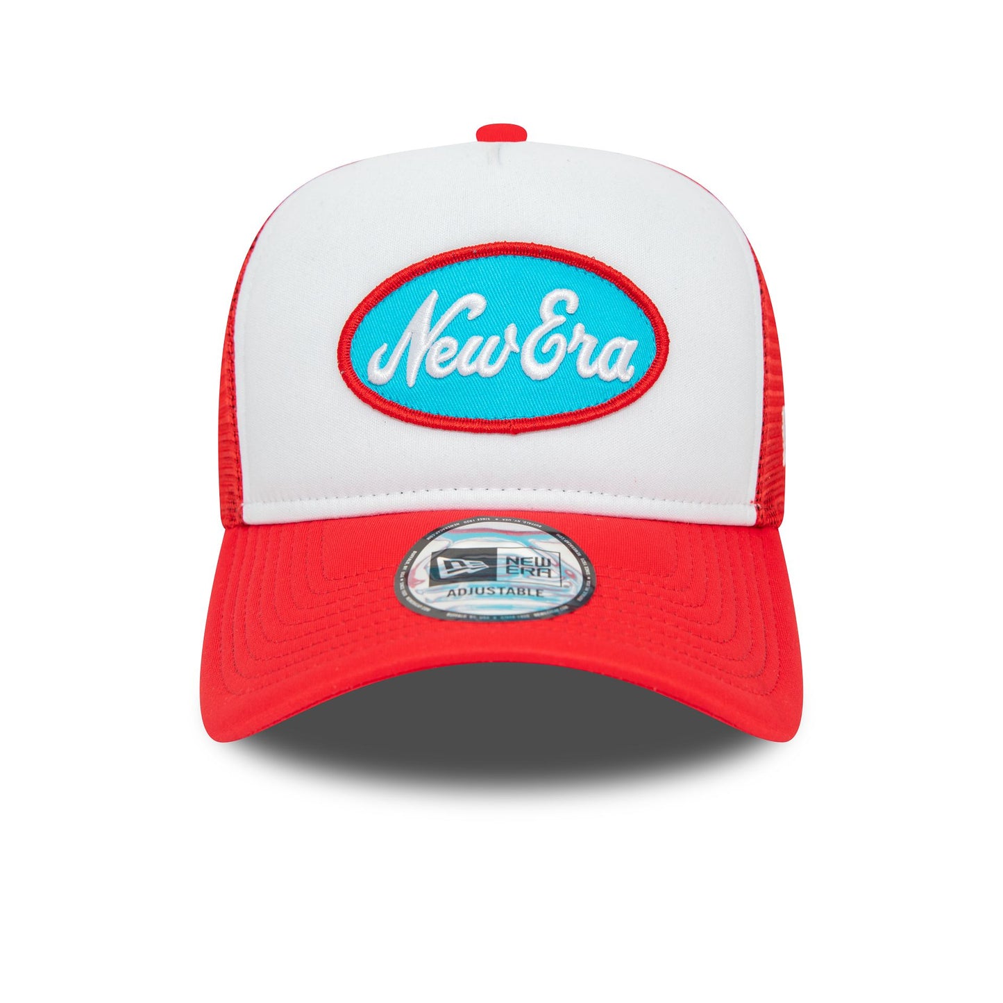 This is a New Era Oval Red Trucker Cap 4