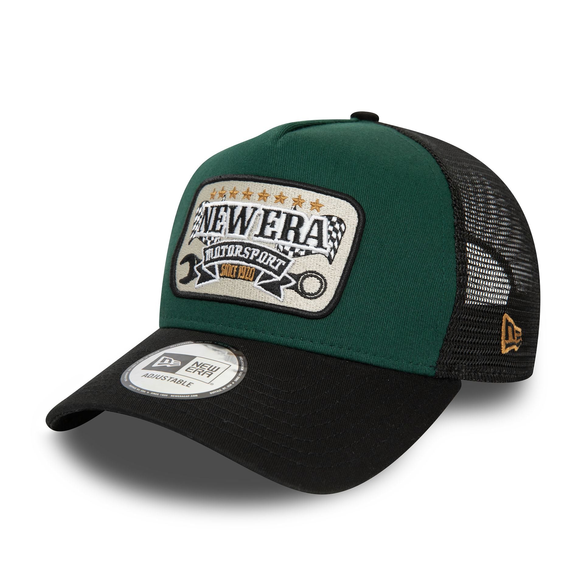 This is a New Era Patch Green E-Frame Trucker Cap 1