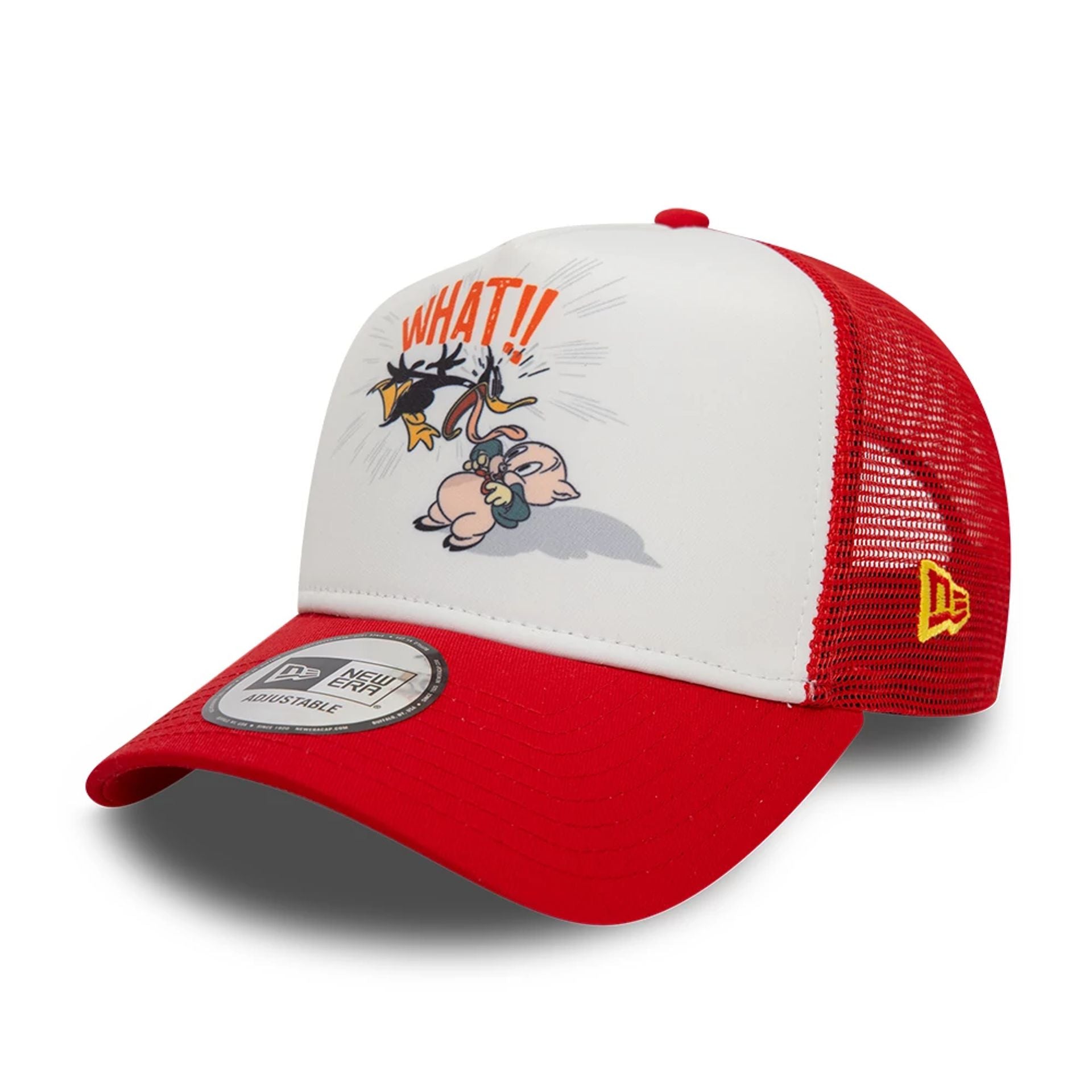 This is a Multi Character Looney Tunes Daffy Duck and Porky Pig Red A-Frame Trucker Cap 1