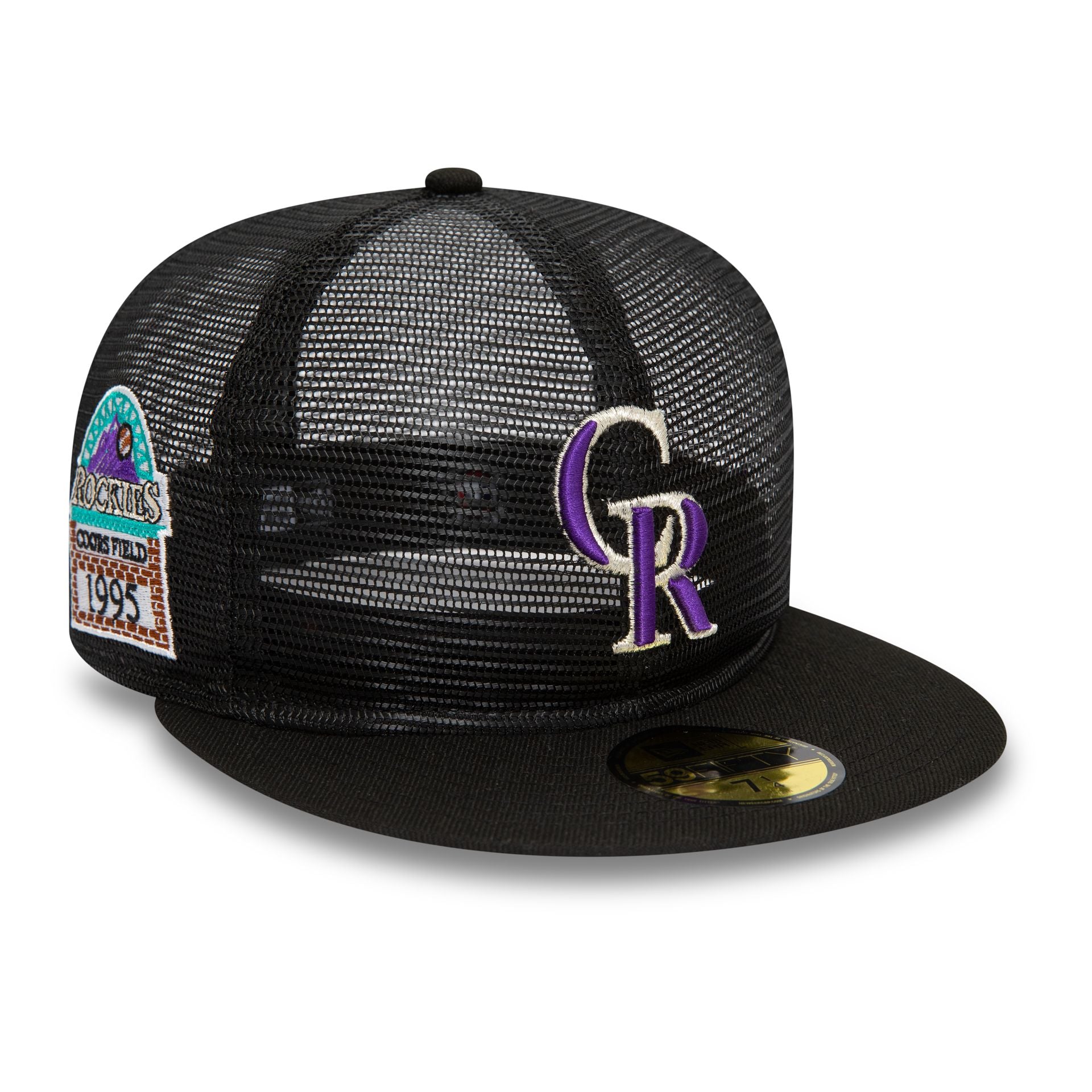 This is a Colorado Rockies MLB Mesh Patch Black 59FIFTY Fitted Cap 1