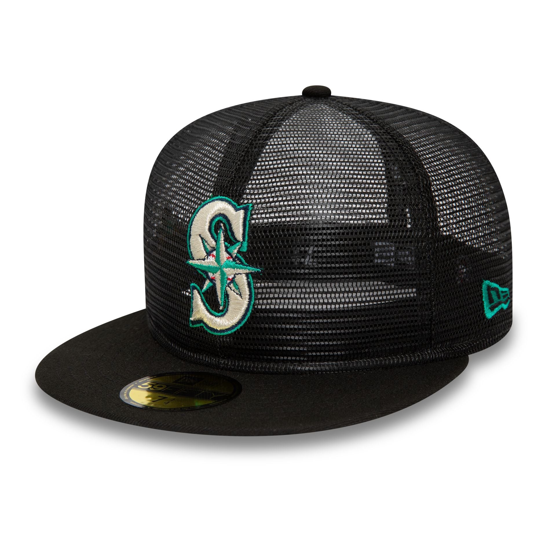 This is a Seattle Mariners MLB Mesh Patch Black 59FIFTY Fitted Cap 1