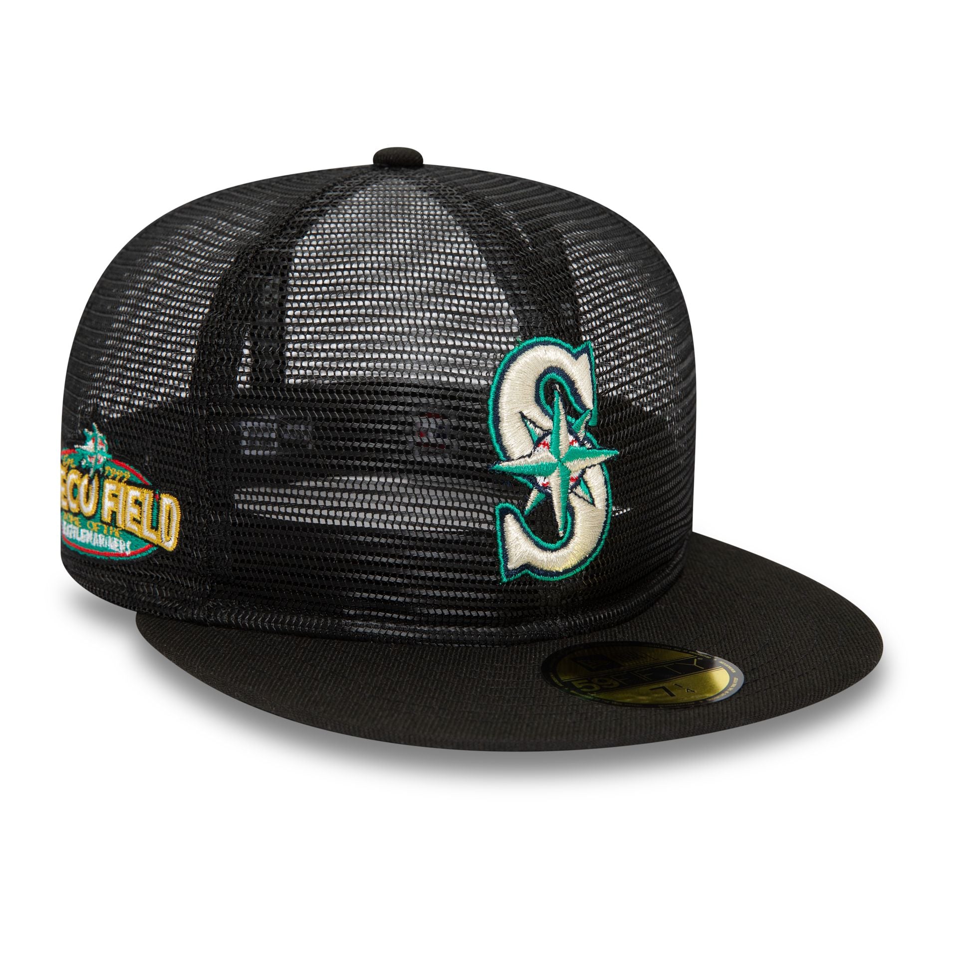 This is a Seattle Mariners MLB Mesh Patch Black 59FIFTY Fitted Cap 3