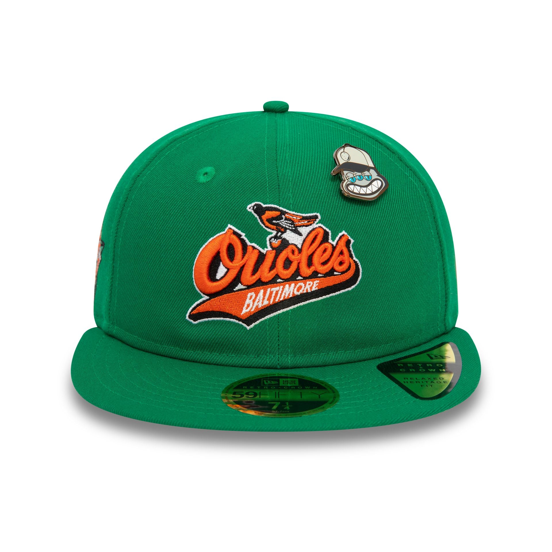 This is a Baltimore Orioles MLB Cooperstown Pin Badge Green 59FIFTY Retro Crown Fitted Cap 3