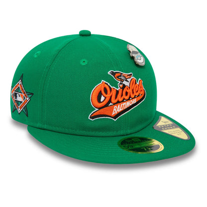 This is a Baltimore Orioles MLB Cooperstown Pin Badge Green 59FIFTY Retro Crown Fitted Cap 1