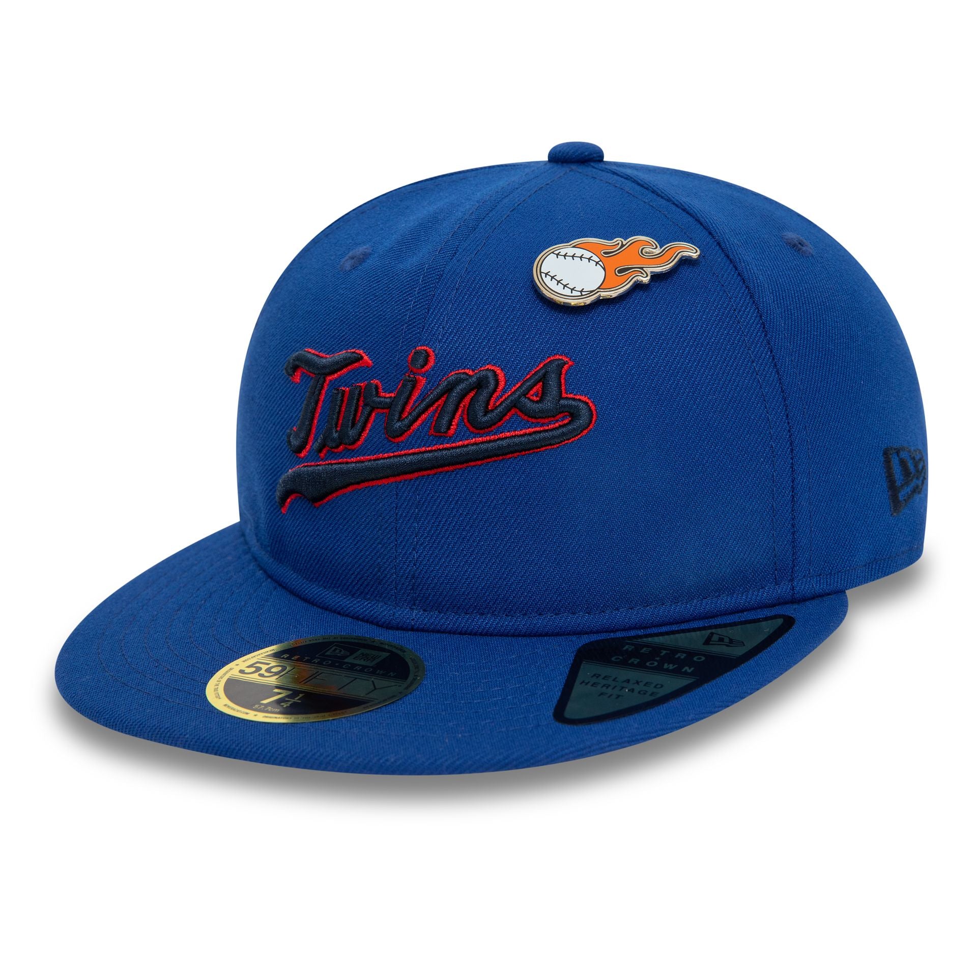 This is a Minnesota Twins MLB Cooperstown Pin Badge Blue 59FIFTY Retro Crown Fitted Cap 1