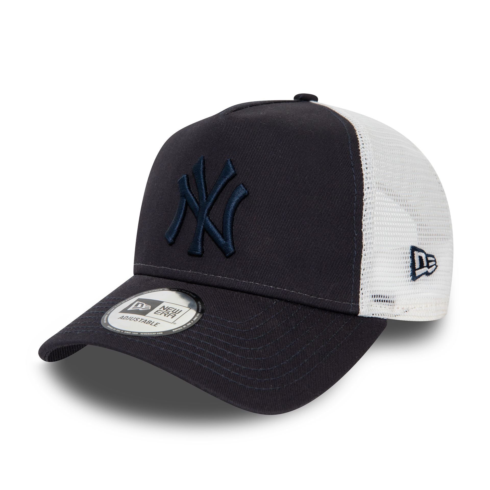 This is a New York Yankees League Essential Navy Trucker Cap 1