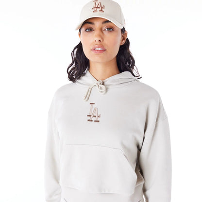 The Female model is wearing LA Dodgers MLB Lifestyle Stone Womens Crop Pullover Hoodie 4